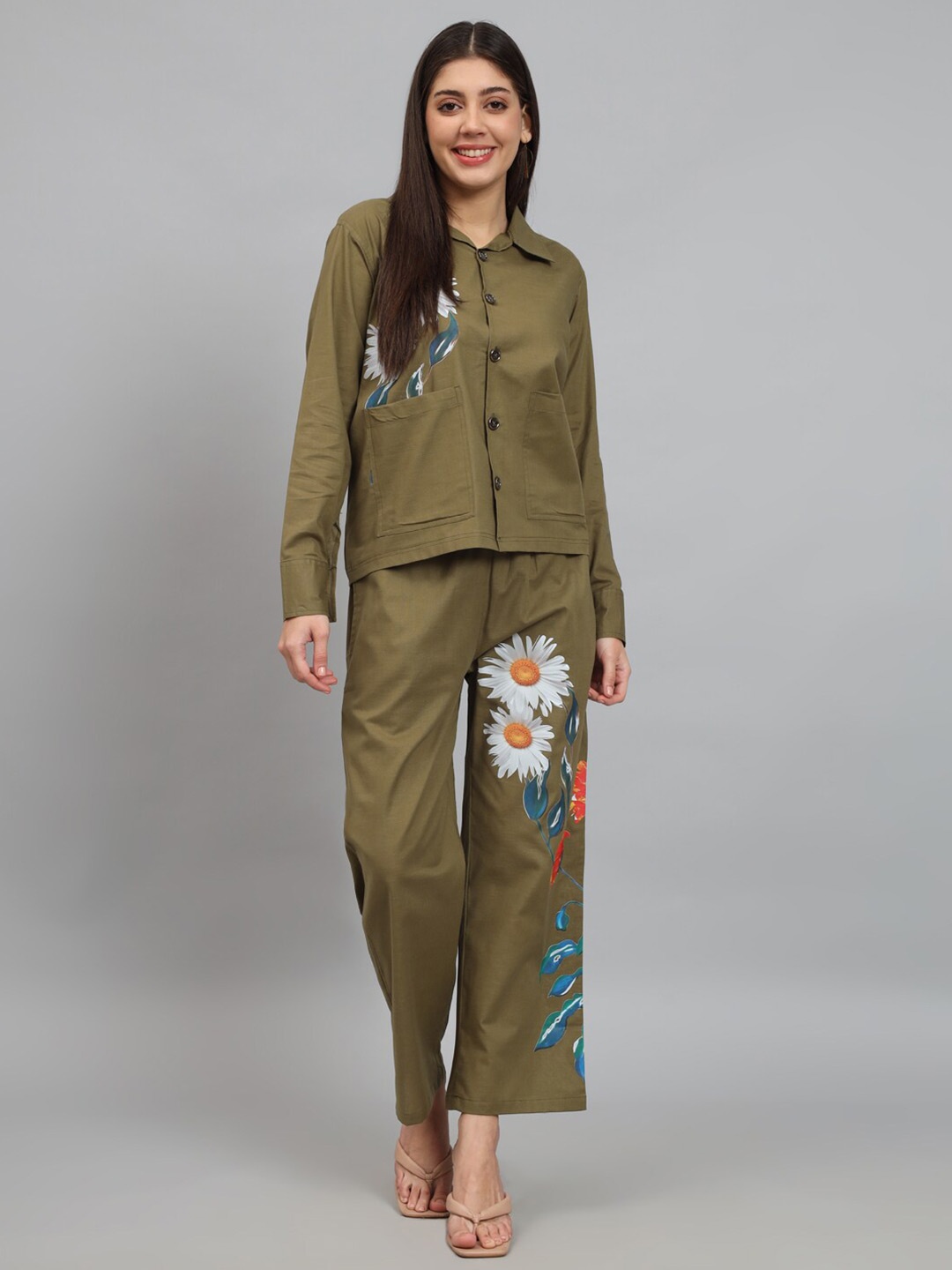 

NEWD Floral Printed Shirt With Trousers, Olive