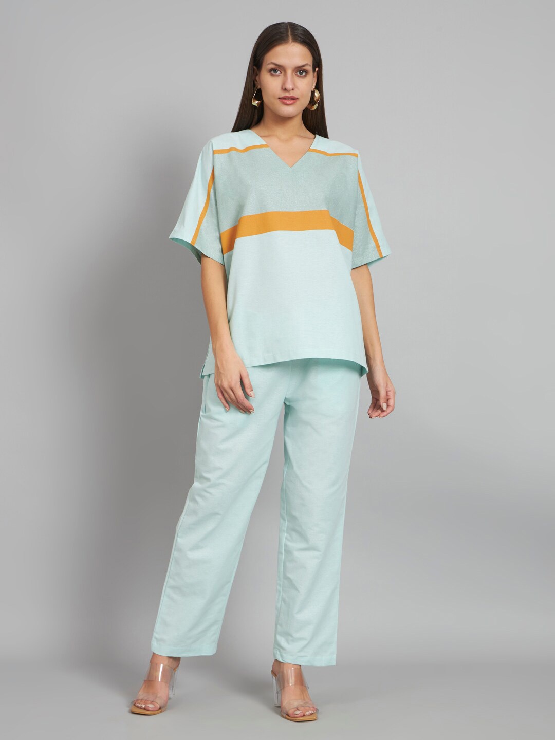 

NEWD Striped V-Neck Top With Trousers, Blue