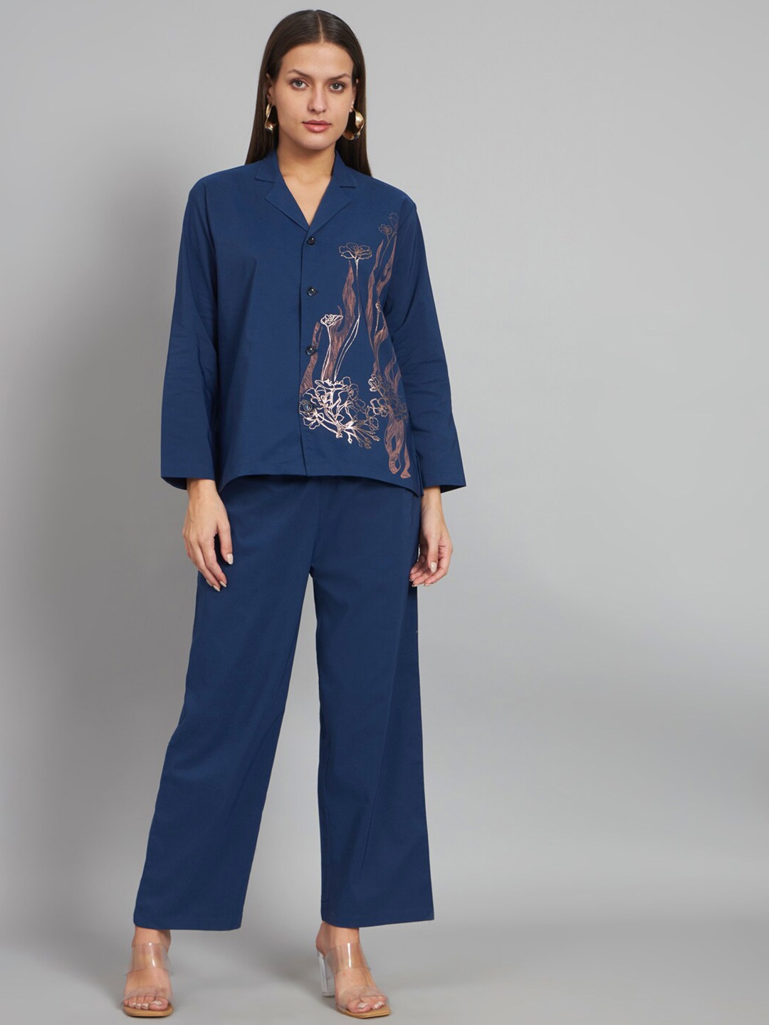 

NEWD Floral Printed Lapel Collar Shirt With Trousers, Blue