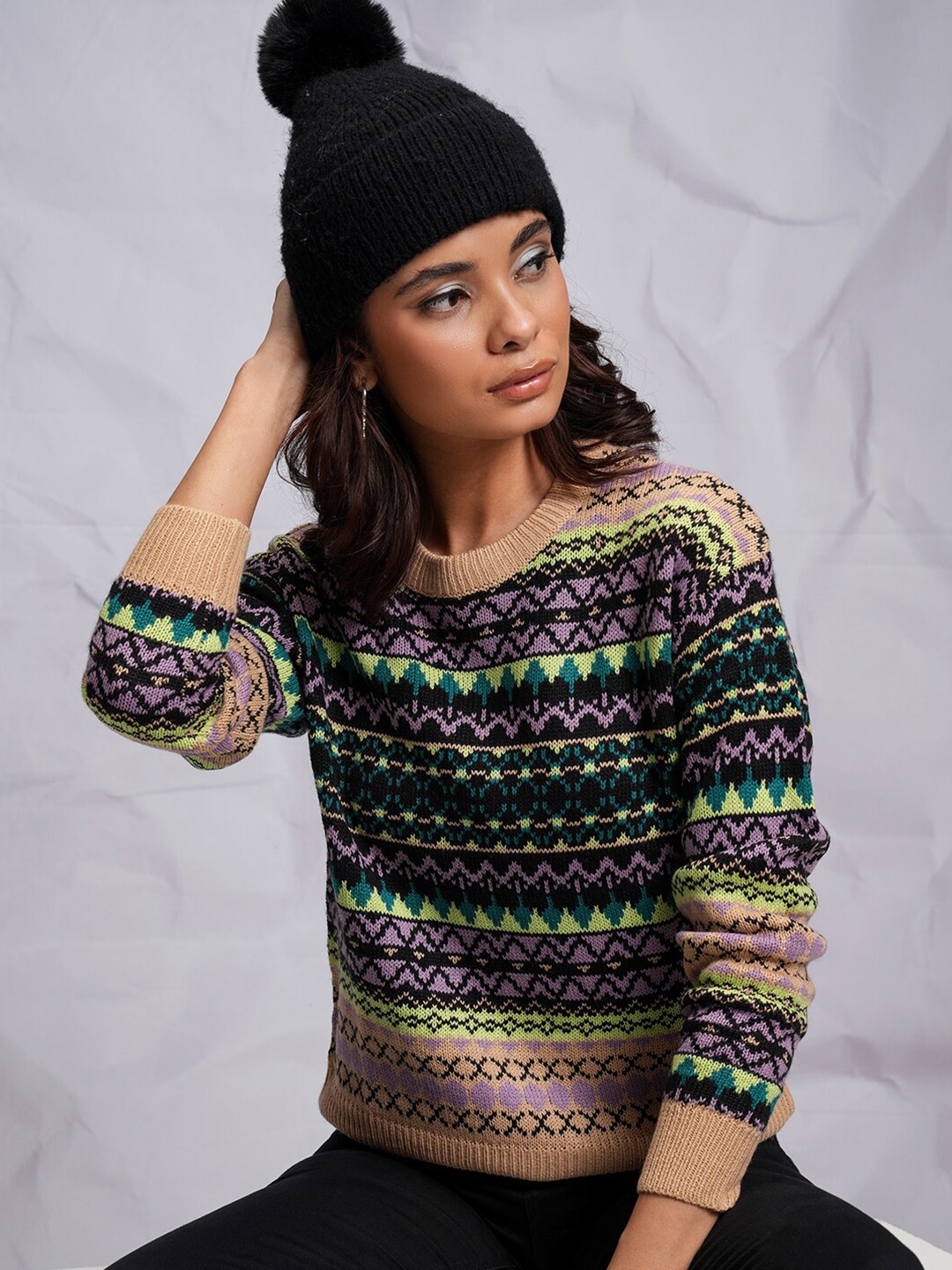 

Tokyo Talkies Black Relaxed Fit Cable Knit Acrylic Pullover