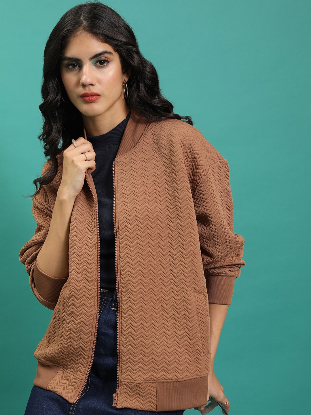 

Tokyo Talkies Brown Chevron Textured Bomber Jacket