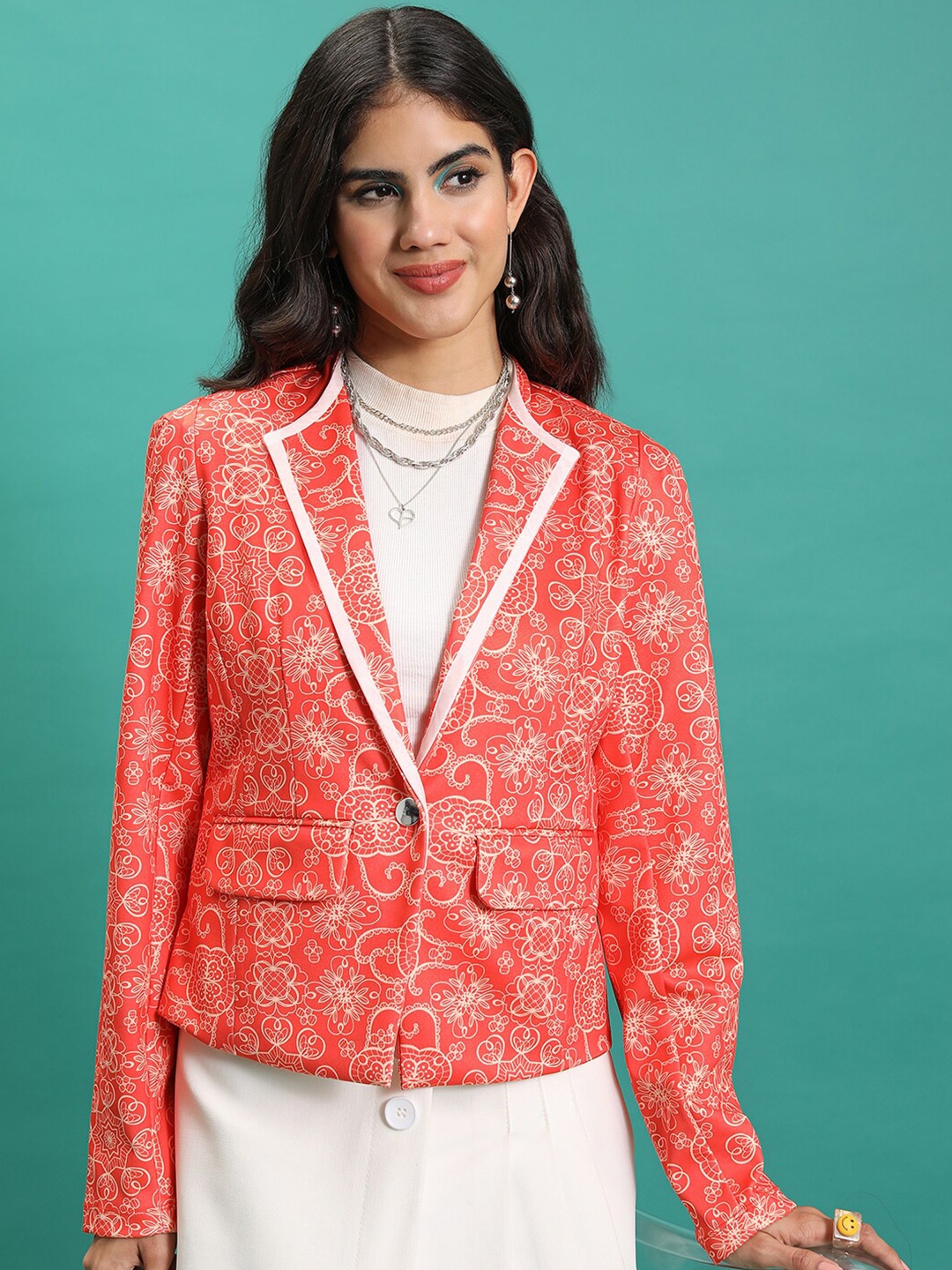 

Tokyo Talkies Orange Printed Single-Breasted Blazer