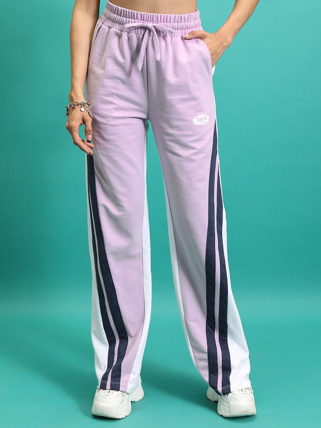 

Tokyo Talkies White & Lavender Women Colourblocked Flared Track Pant
