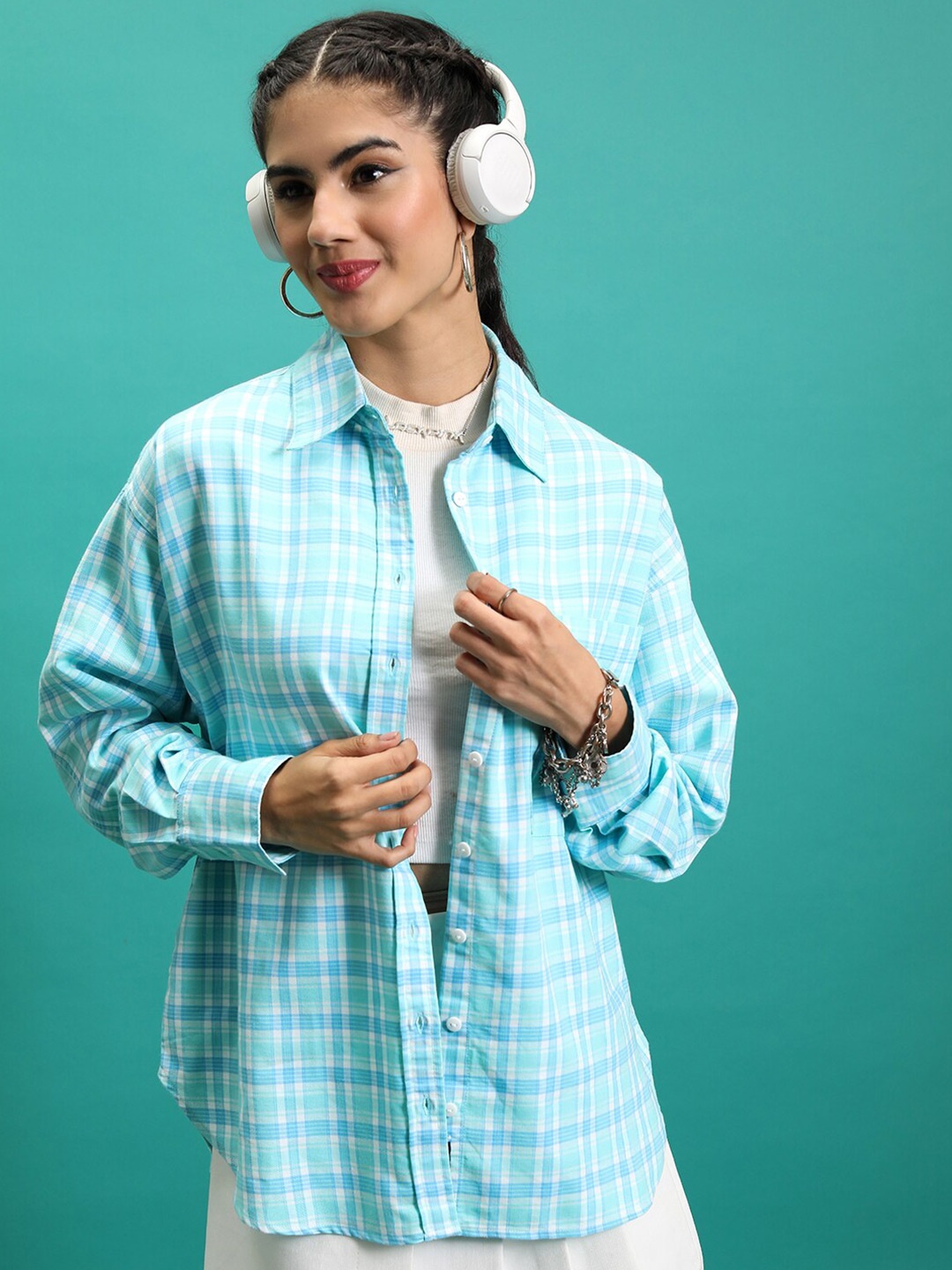 

Tokyo Talkies Women Checked Oversize Boyfriend Fit Overshirt, Green