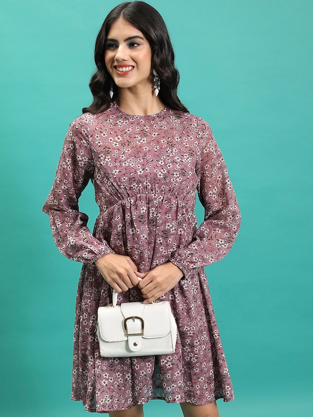 

Tokyo Talkies Floral Printed Puff Sleeve Fit & Flare Dress, Pink