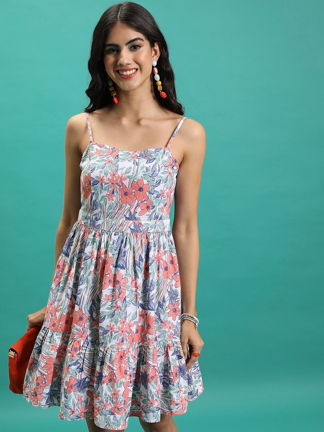 

Tokyo Talkies White Floral Printed Shoulder Straps Gathered Cotton Fit & Flare Dress