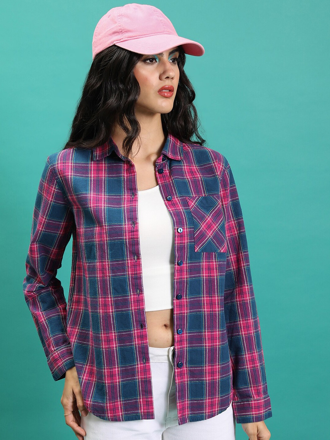 

Tokyo Talkies Teal Tartan Checks Checked Cotton Casual Shacket