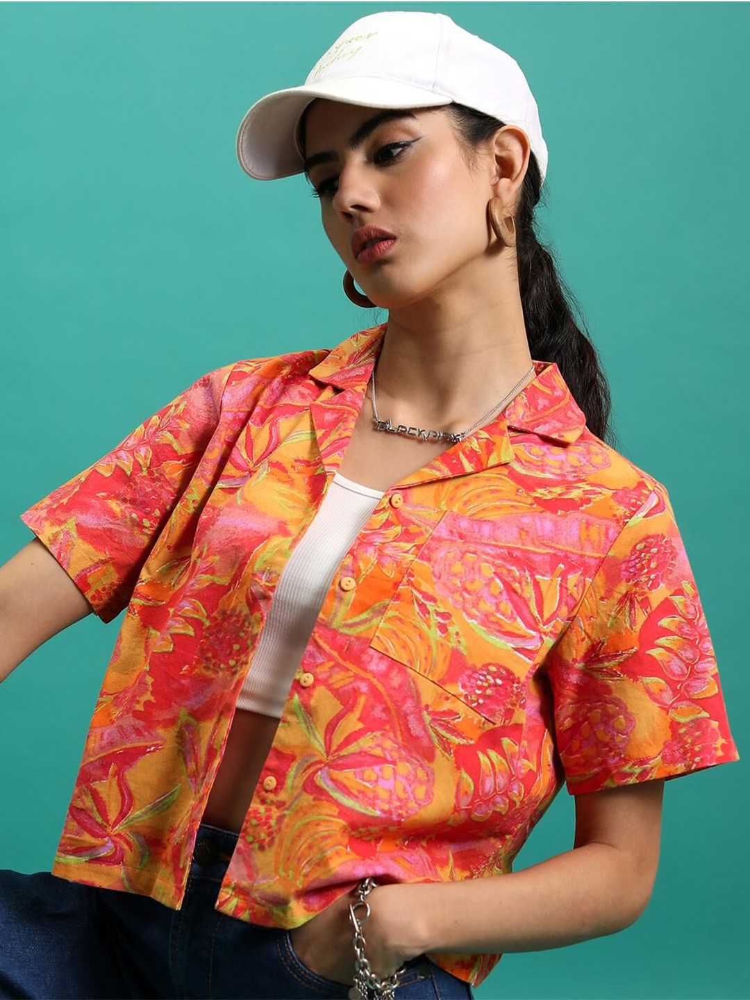 

Tokyo Talkies Orange & Pink Floral Printed Shirt Collar Cotton Shirt Style Top