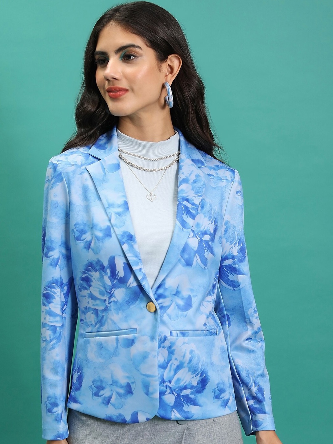 

Tokyo Talkies Blue Printed Notched Lapel Collar Single-Breasted Blazer