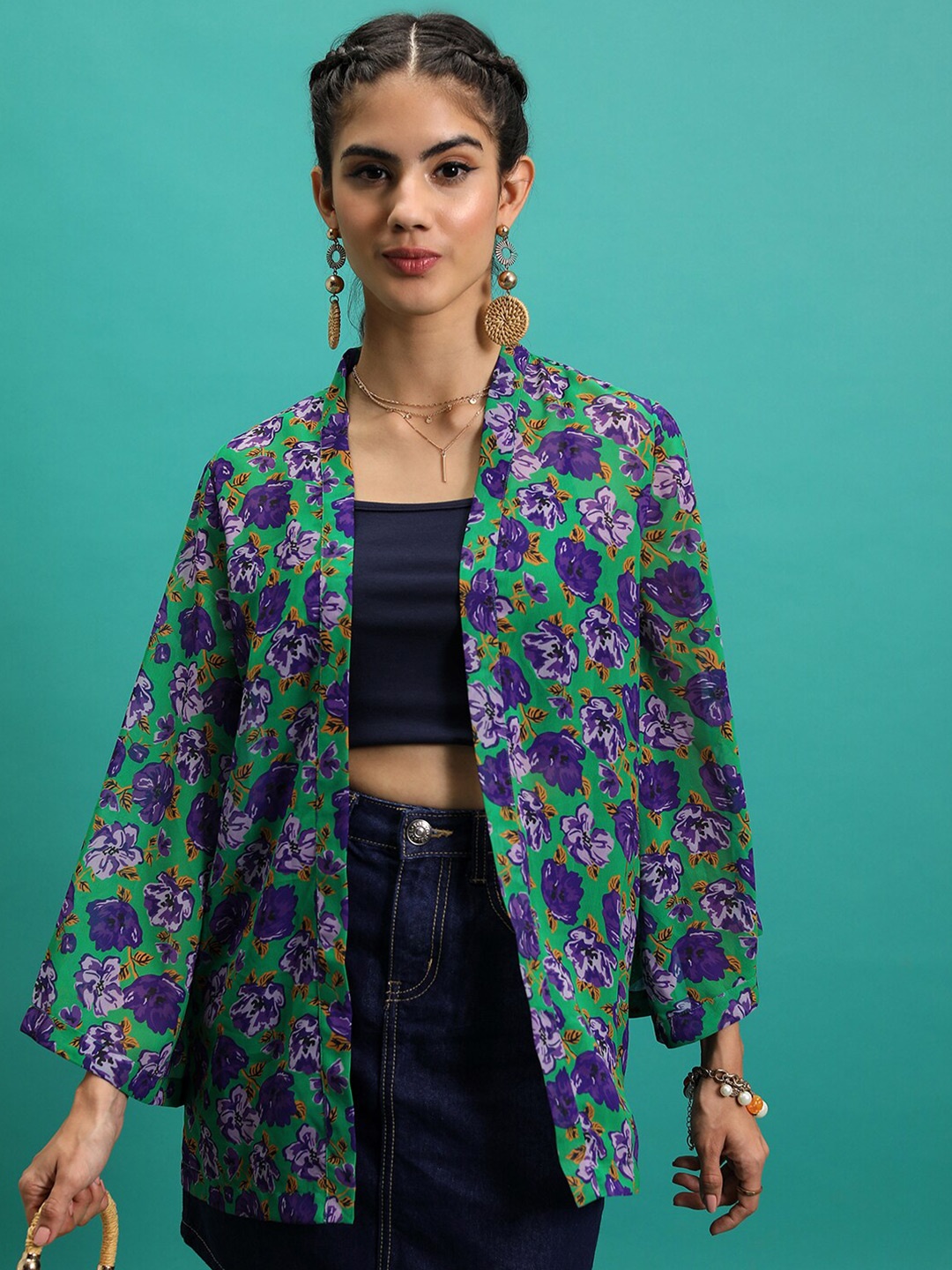 

Tokyo Talkies Green & Purple Floral Printed Open Front Shrug