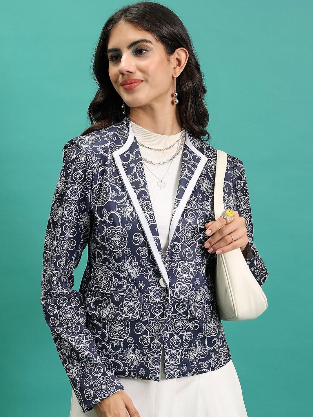 

Tokyo Talkies Navy Blue Printed Single-Breasted Blazer