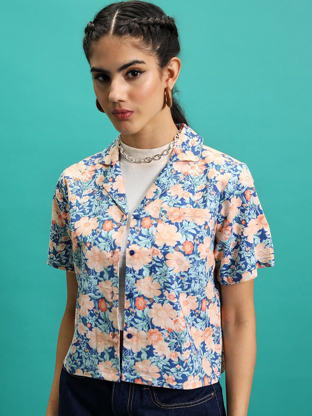 

Tokyo Talkies Floral Print Shirt Collar Short Sleeves Cotton Shirt Style Top, Blue