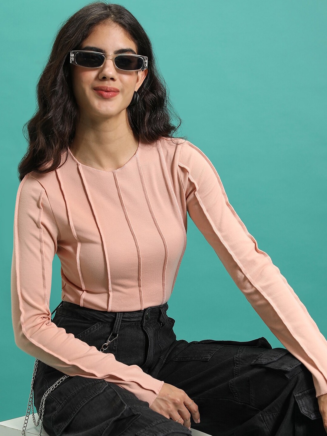 

Tokyo Talkies Round neck Long Sleeves Cotton Crop Top, Nude