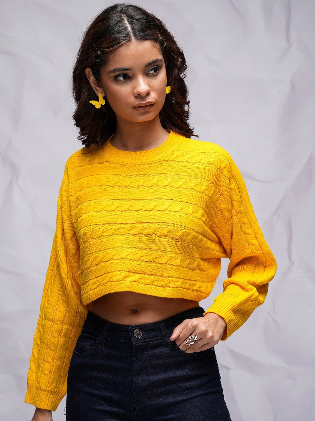 

Tokyo Talkies Yellow Self Design Cable Knit Cropped Pullover Sweater