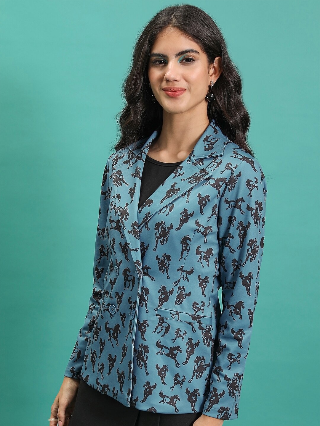 

CHIC BY TOKYO TALKIES Blue Printed Double-Breasted Blazer