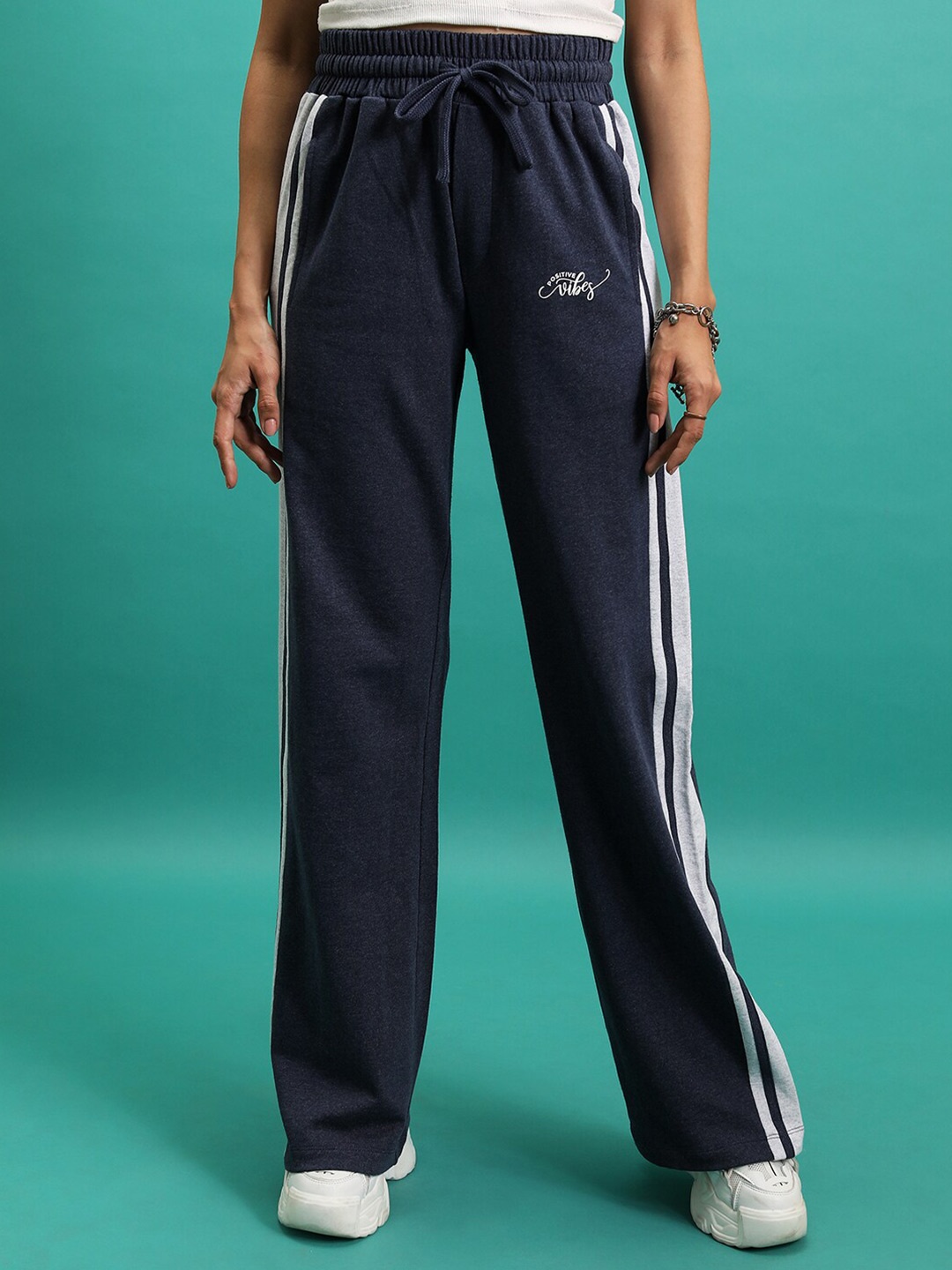 

Tokyo Talkies Women Navy Blue Striped Flared Track Pant