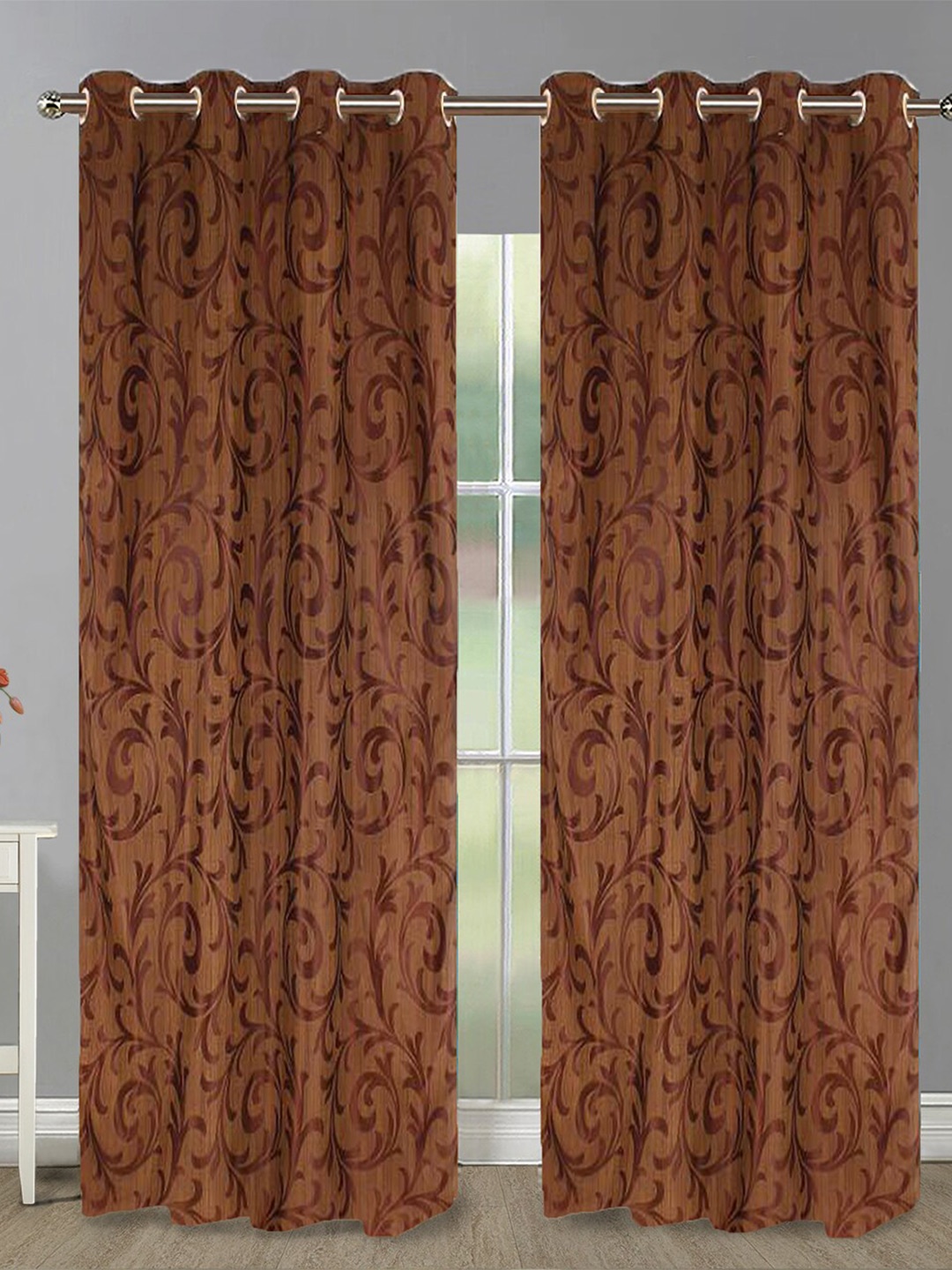 Aura Brown 2 Pieces Floral Door Curtain