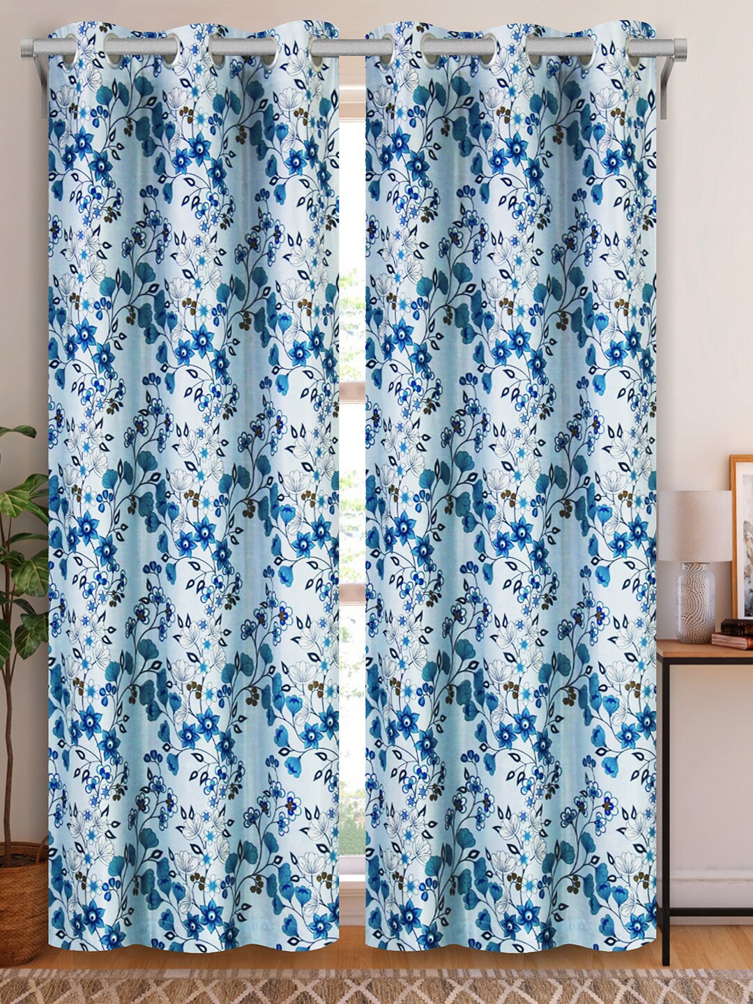 Aura Blue & White 2 Pieces Floral Door Curtain