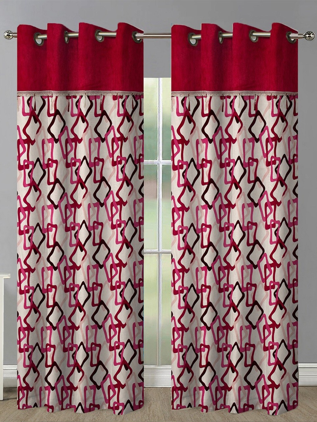 

Aura Maroon & White 2Pcs Geometric Room Darkening Door Curtain