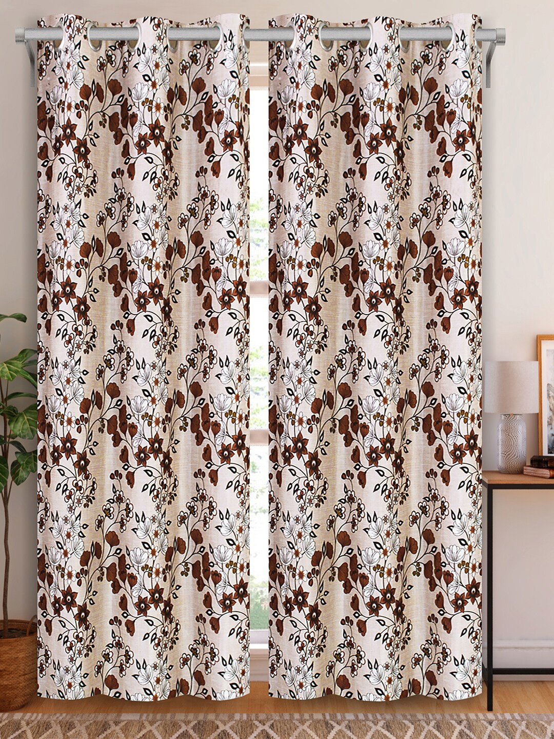Aura Brown & Off White 2Pcs Floral Room Darkening Door Curtain
