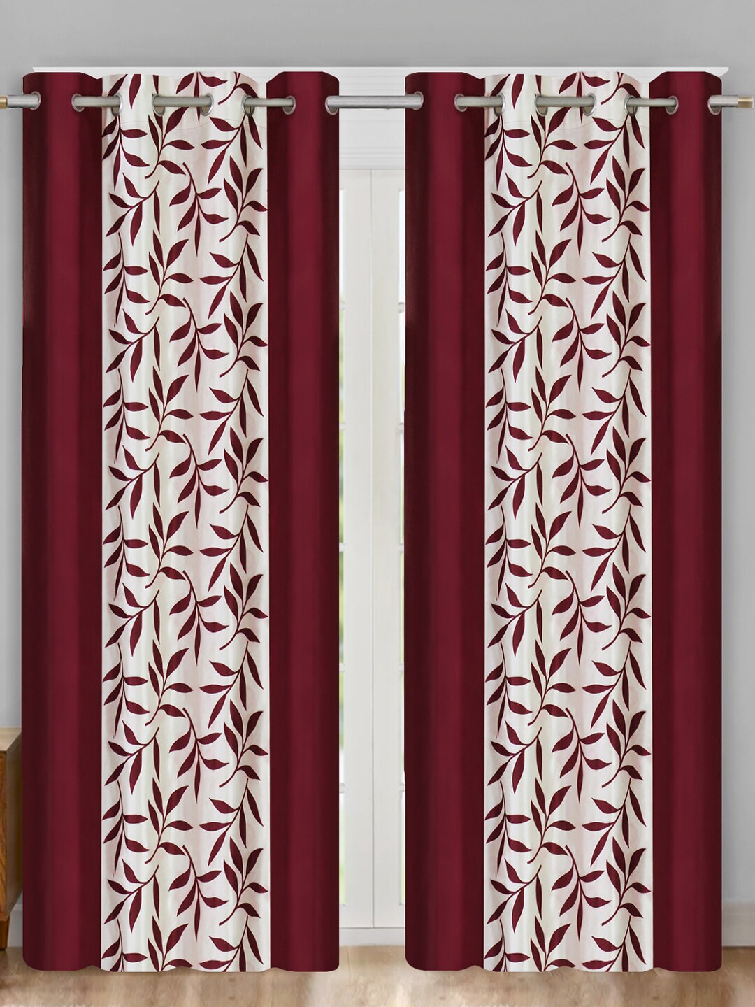 Aura Maroon & White 2 Pieces Floral Room Darkening Door Curtain