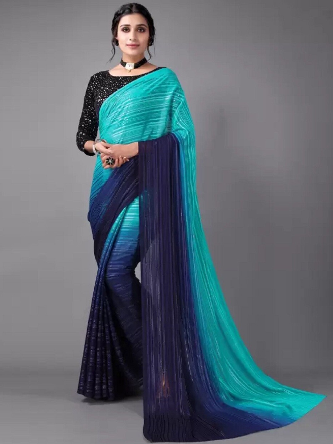 

APNISHA Woven Design Striped Pure Georgette Leheriya Saree, Green