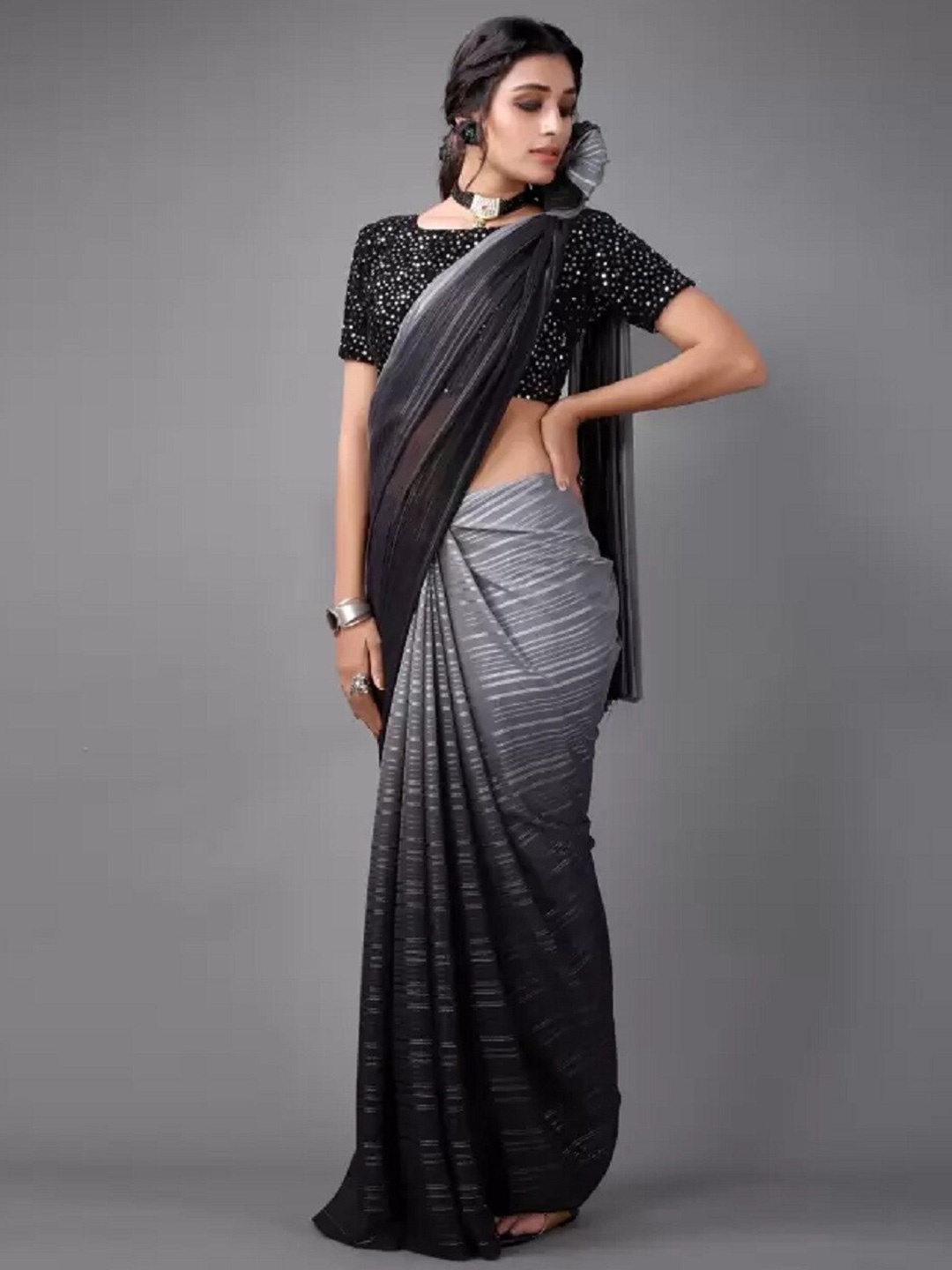 

APNISHA Ombre Pure Georgette Leheriya Saree, Grey
