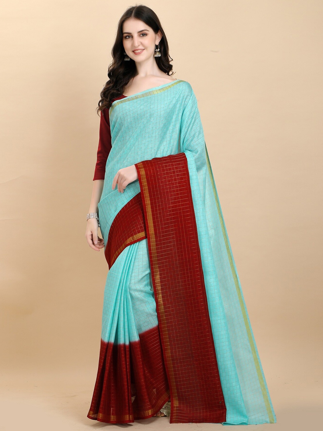 

APNISHA Woven Design Checked Silk Cotton Saree, Turquoise blue
