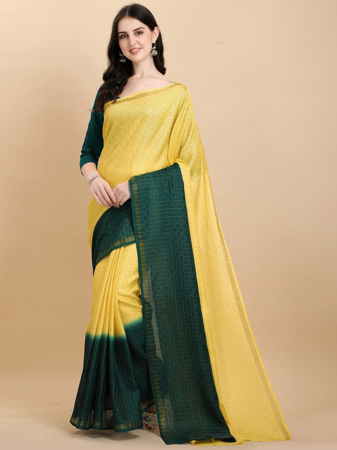 

APNISHA Woven Design Checked Silk Cotton Saree, Yellow