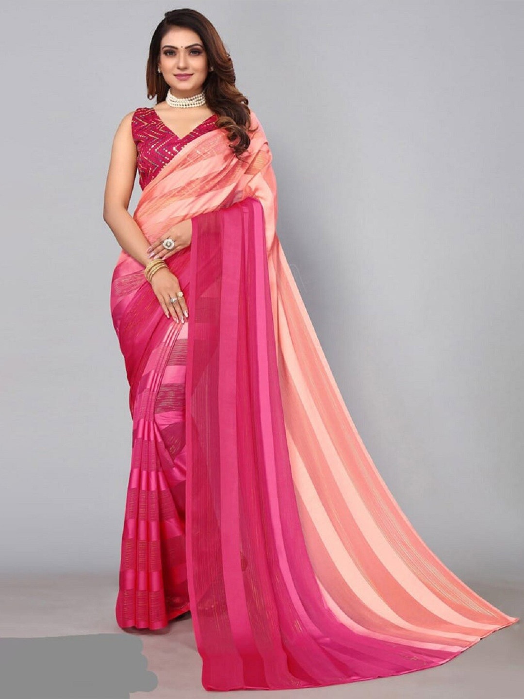 

APNISHA Woven Design Striped Pure Georgette Leheriya Saree, Pink