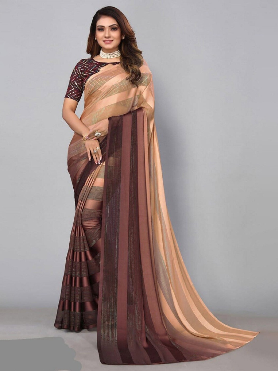 

APNISHA Striped Pure Georgette Leheriya Saree, Brown