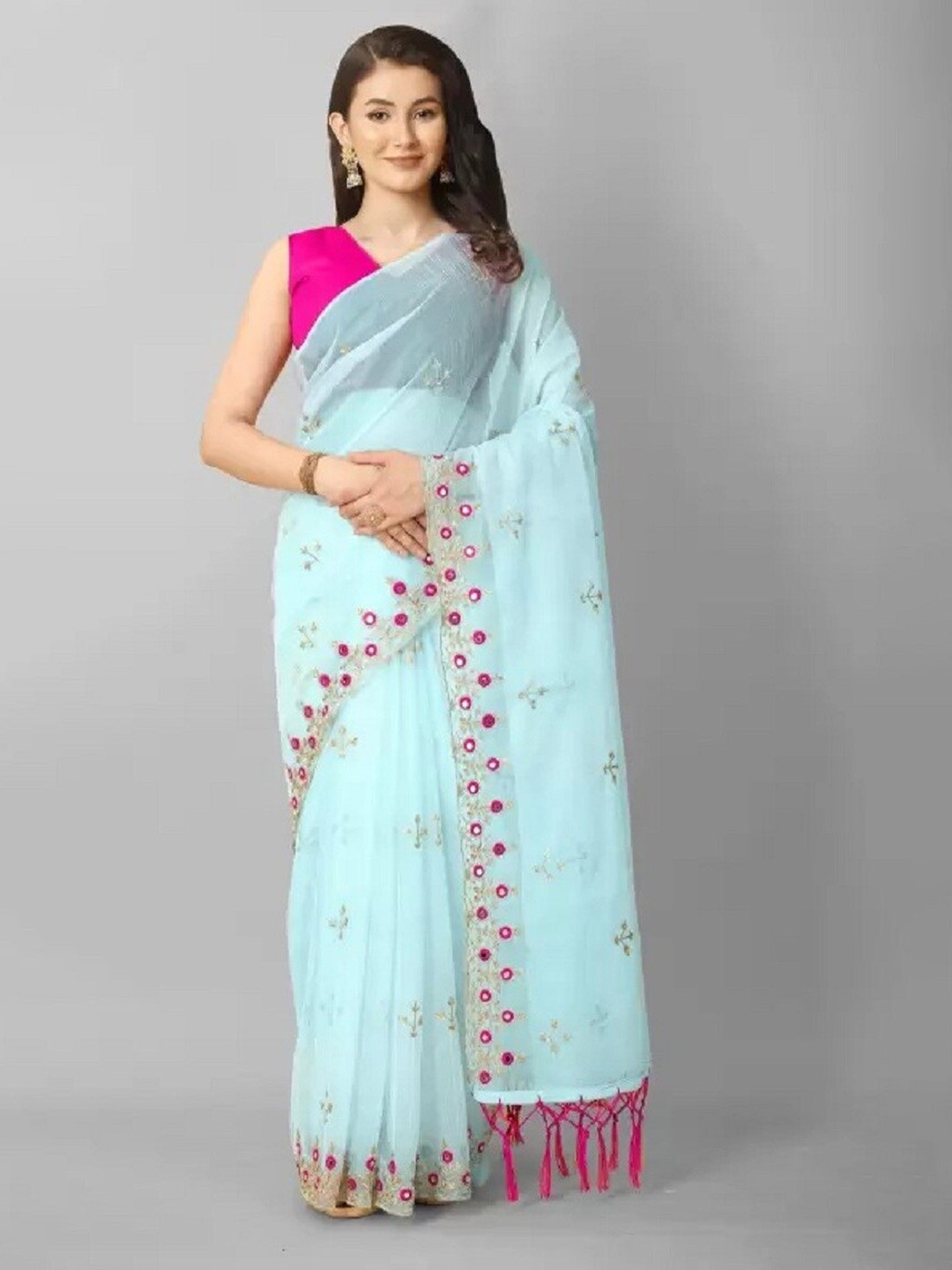 

APNISHA Ethnic Motifs Embroidered Mirror Work Net Saree, Turquoise blue