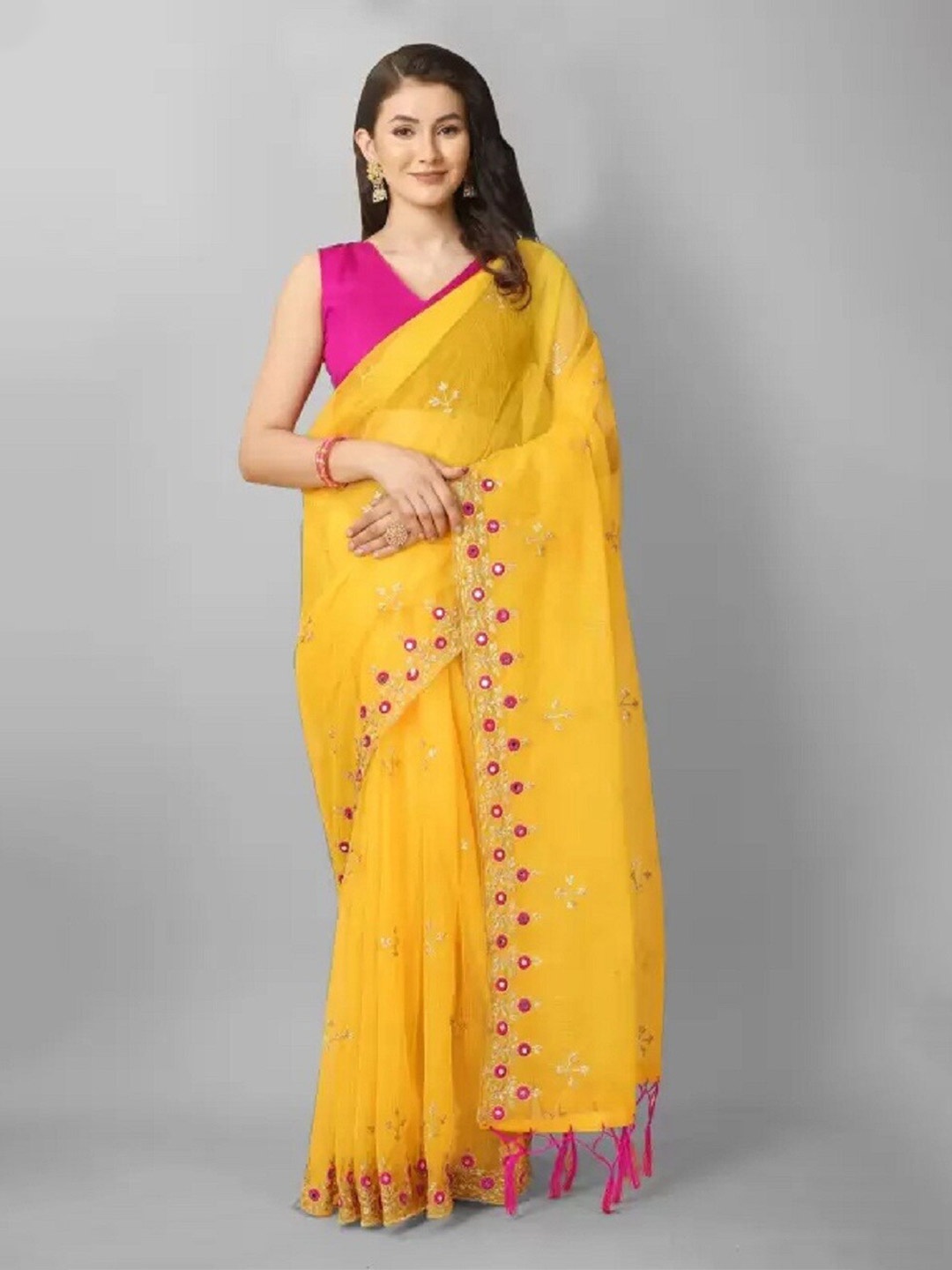 

APNISHA Floral Embroidered Mirror Work Net Saree, Yellow