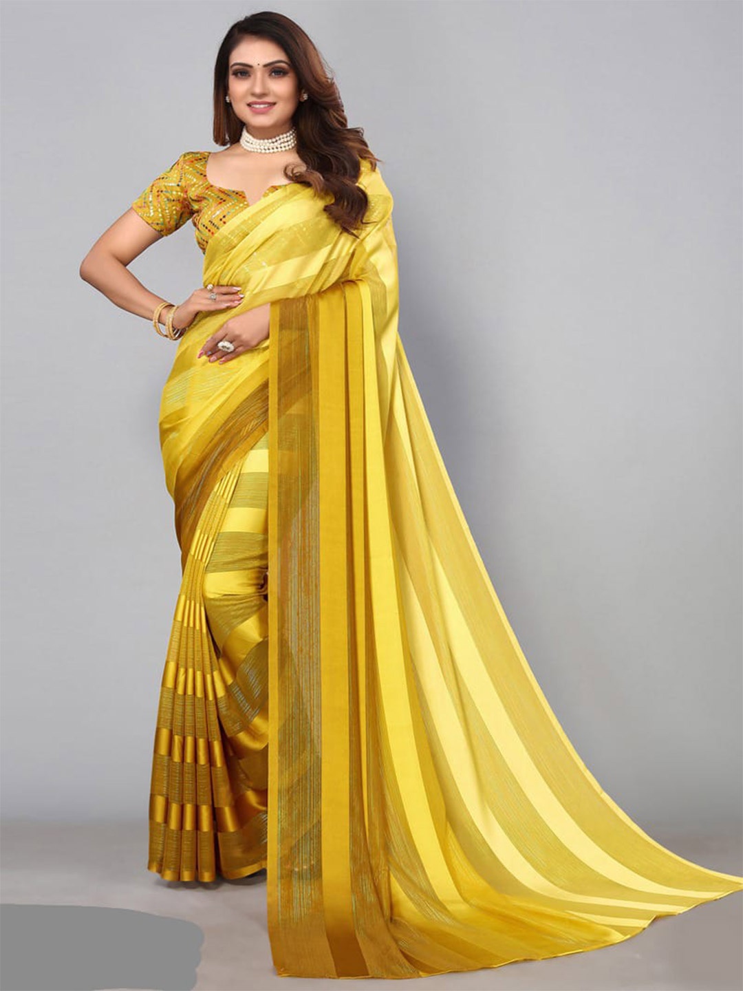 

APNISHA Striped Zari Pure Georgette Leheriya Saree, Yellow
