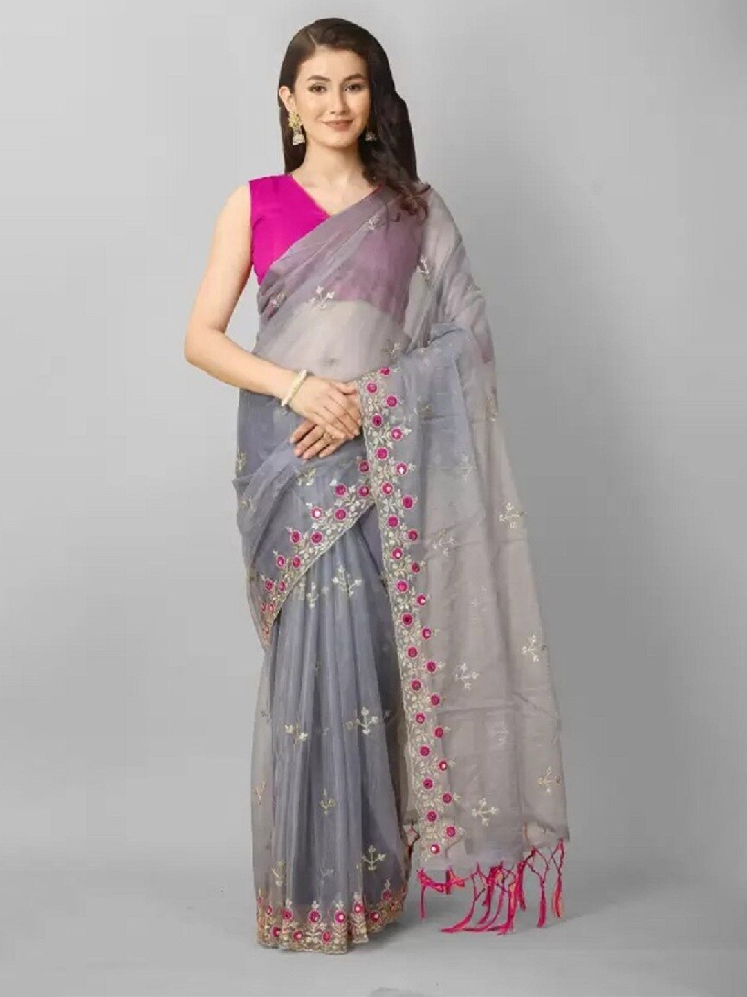

APNISHA Floral Embroidered Mirror Work Net Saree, Grey