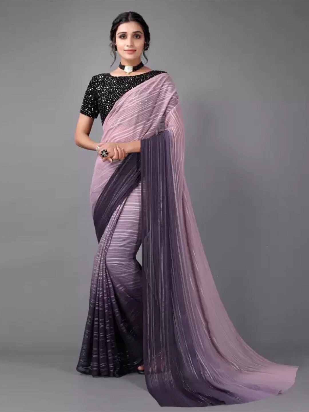 

APNISHA Striped Sequinned Pure Georgette Saree, Purple