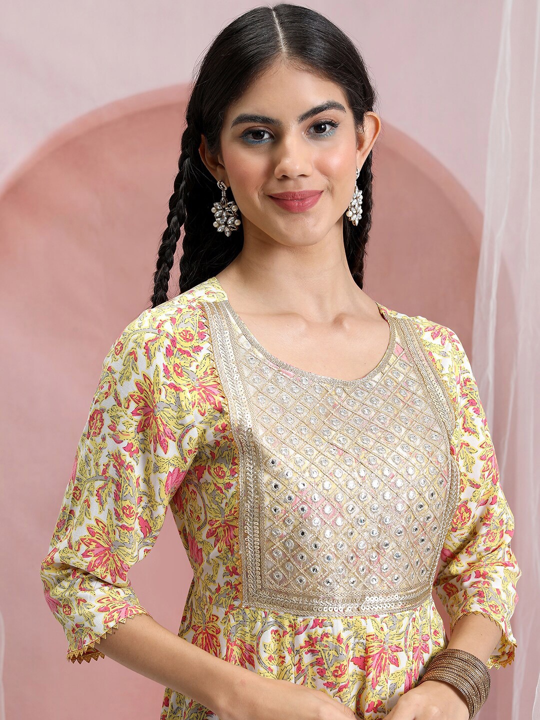 

Vishudh Yellow & Pink Floral Printed Mirror Work Anarkali Kurta