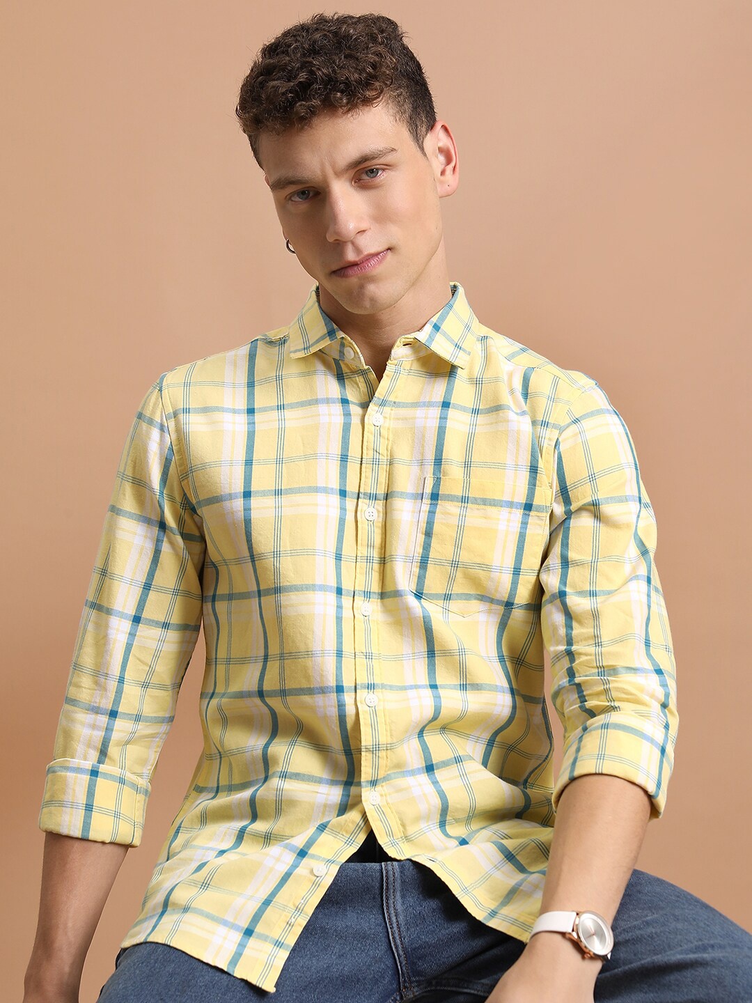 

KETCH Men Regular Collar Full Sleeve Checked Shirt, Yellow