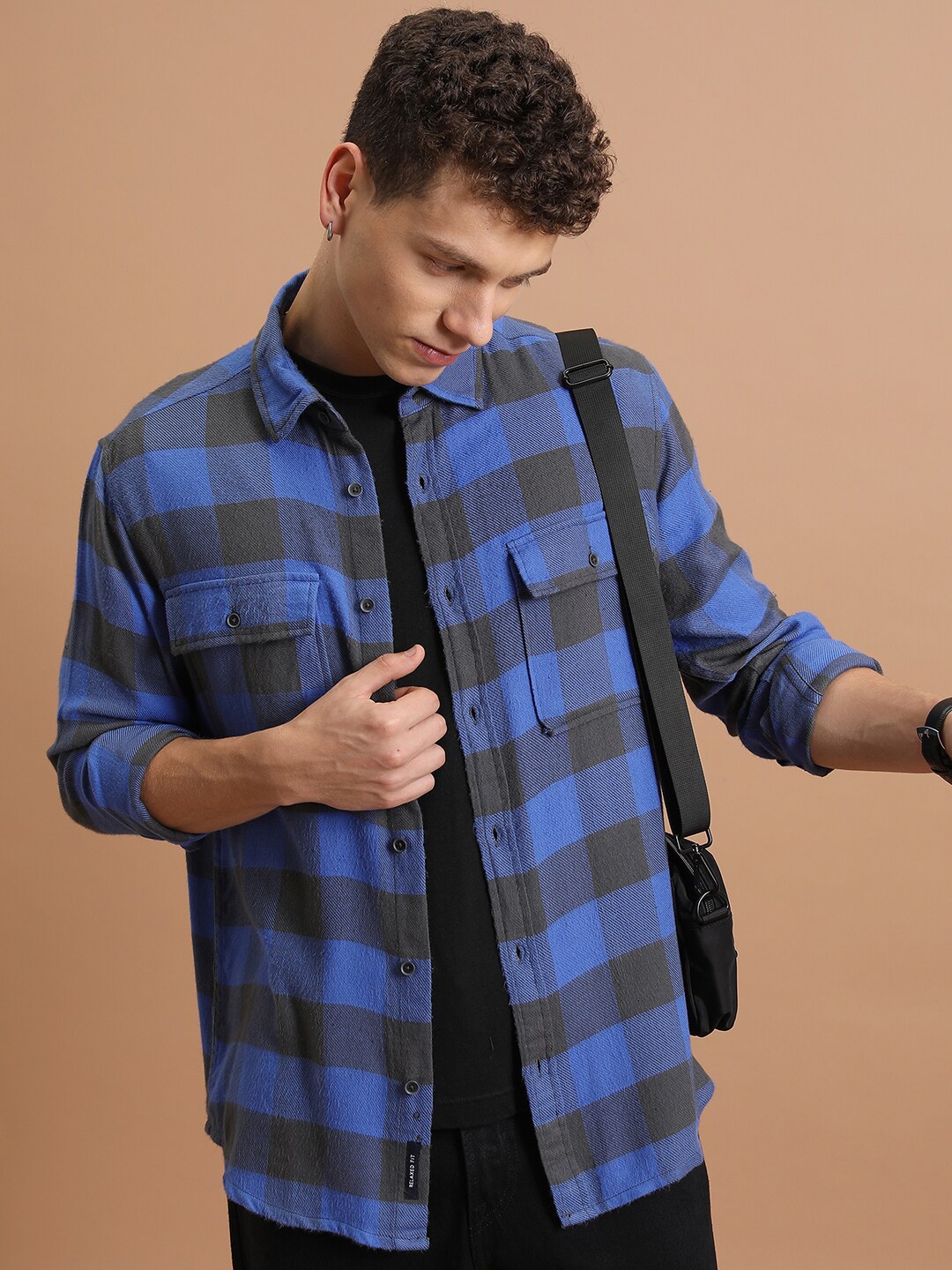 

Highlander Men Flannel Checked Utility Pocket Relaxed Shirt, Blue