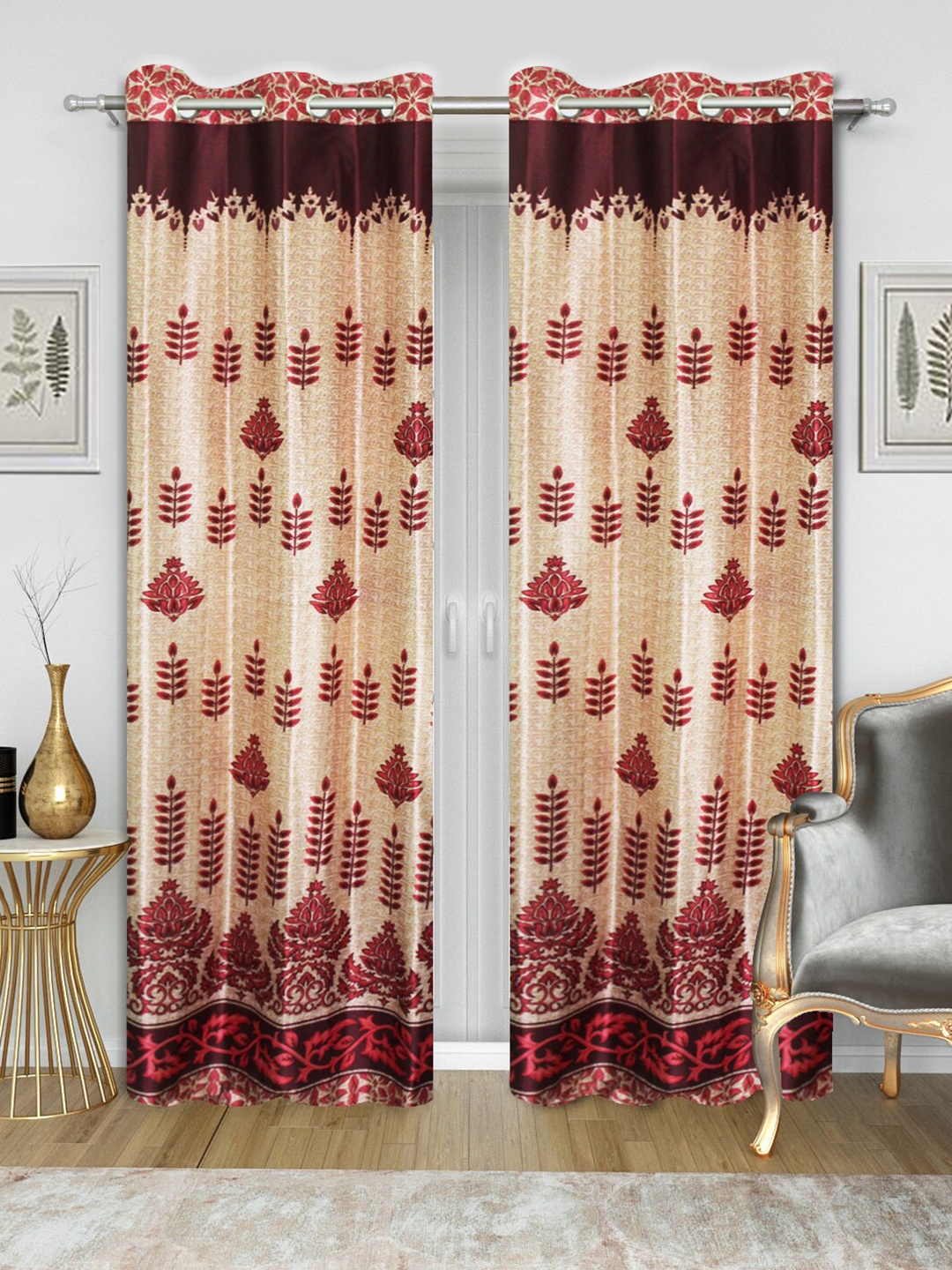 Aura Maroon & Beige 2 Pieces Floral Printed Room Darkening Eyelet Door Curtains