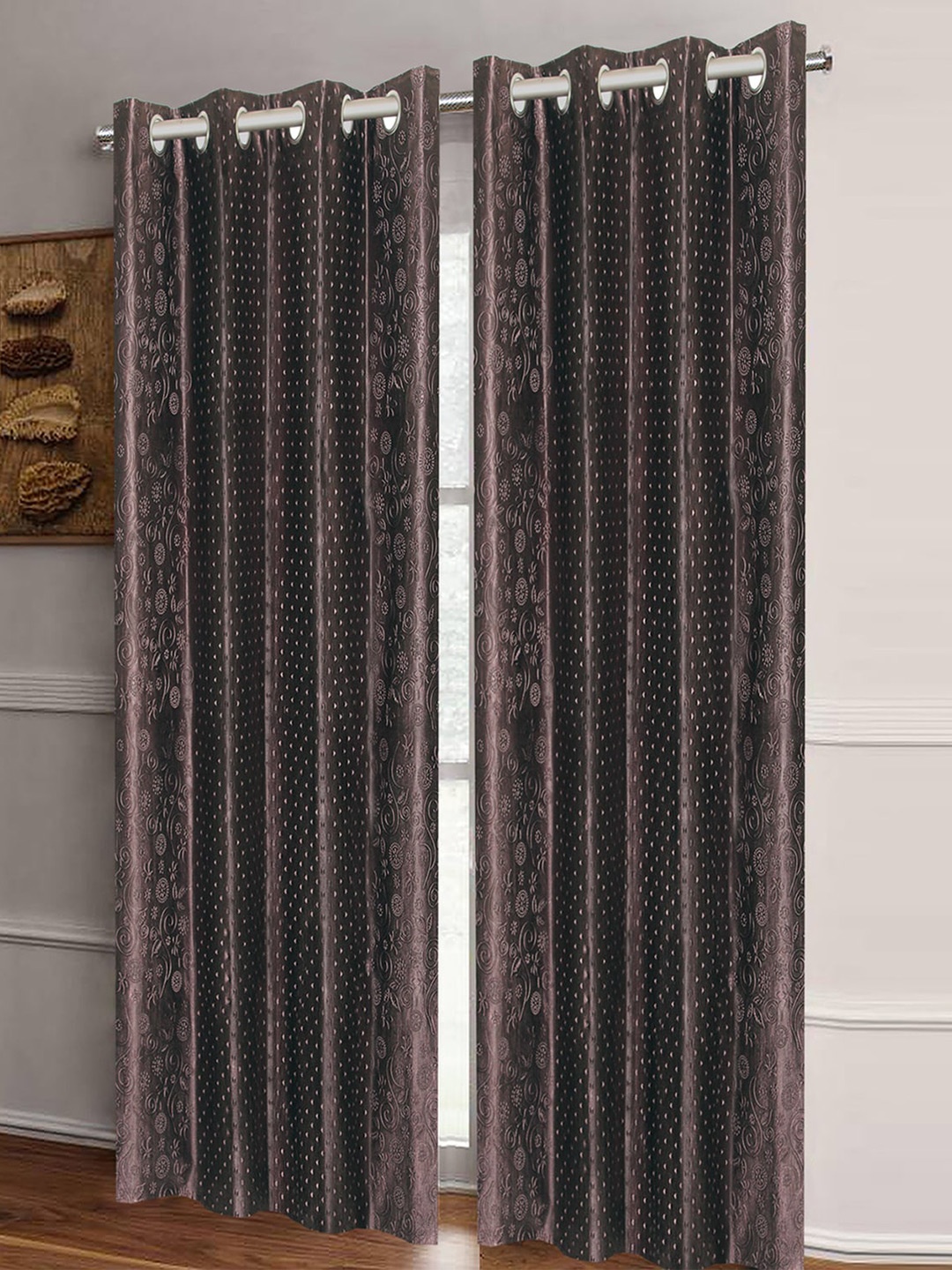 

Aura Brown 2 Pieces Floral Printed Embossed Room Darkening Eyelet Door Curtains