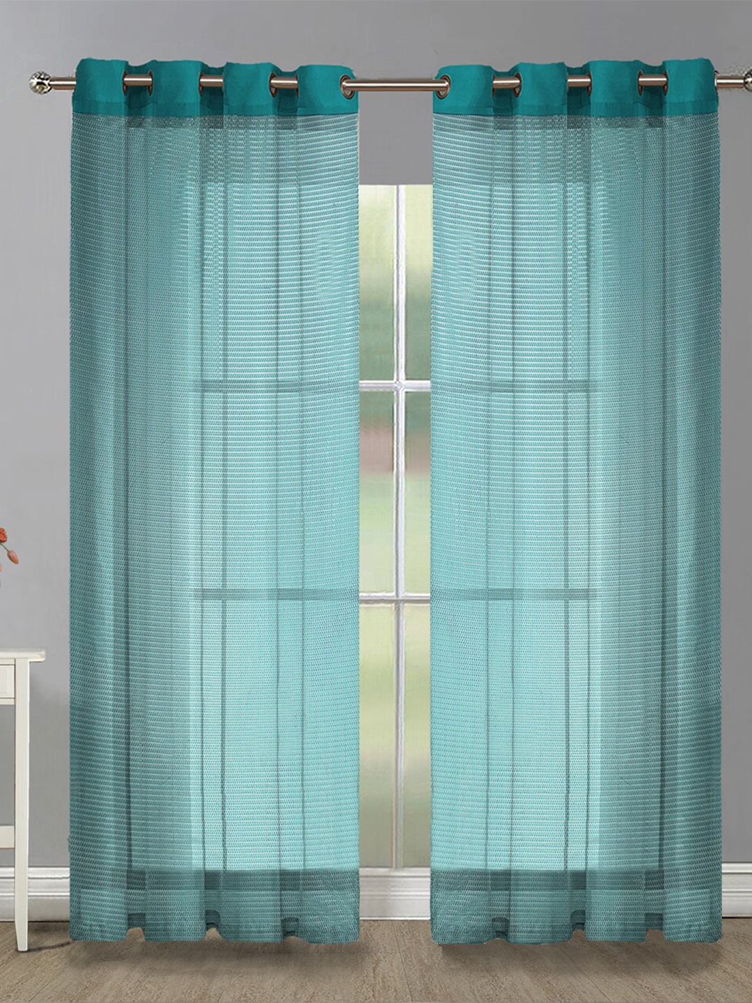 

Aura Green 2 Pieces Striped Printed Sheer Door Curtain