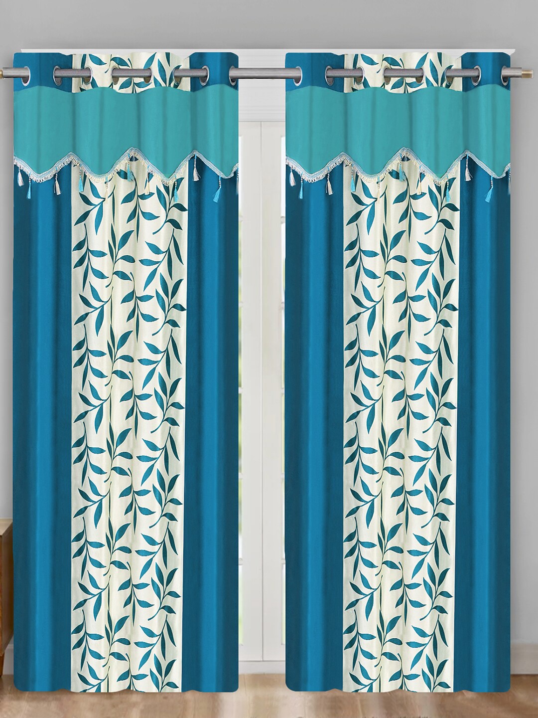 Aura Blue & White 2 Pieces Floral Door Curtain