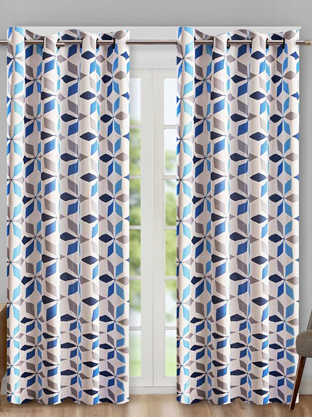 

Aura White & Blue 2Pcs Geometric Room Darkening Door Curtain