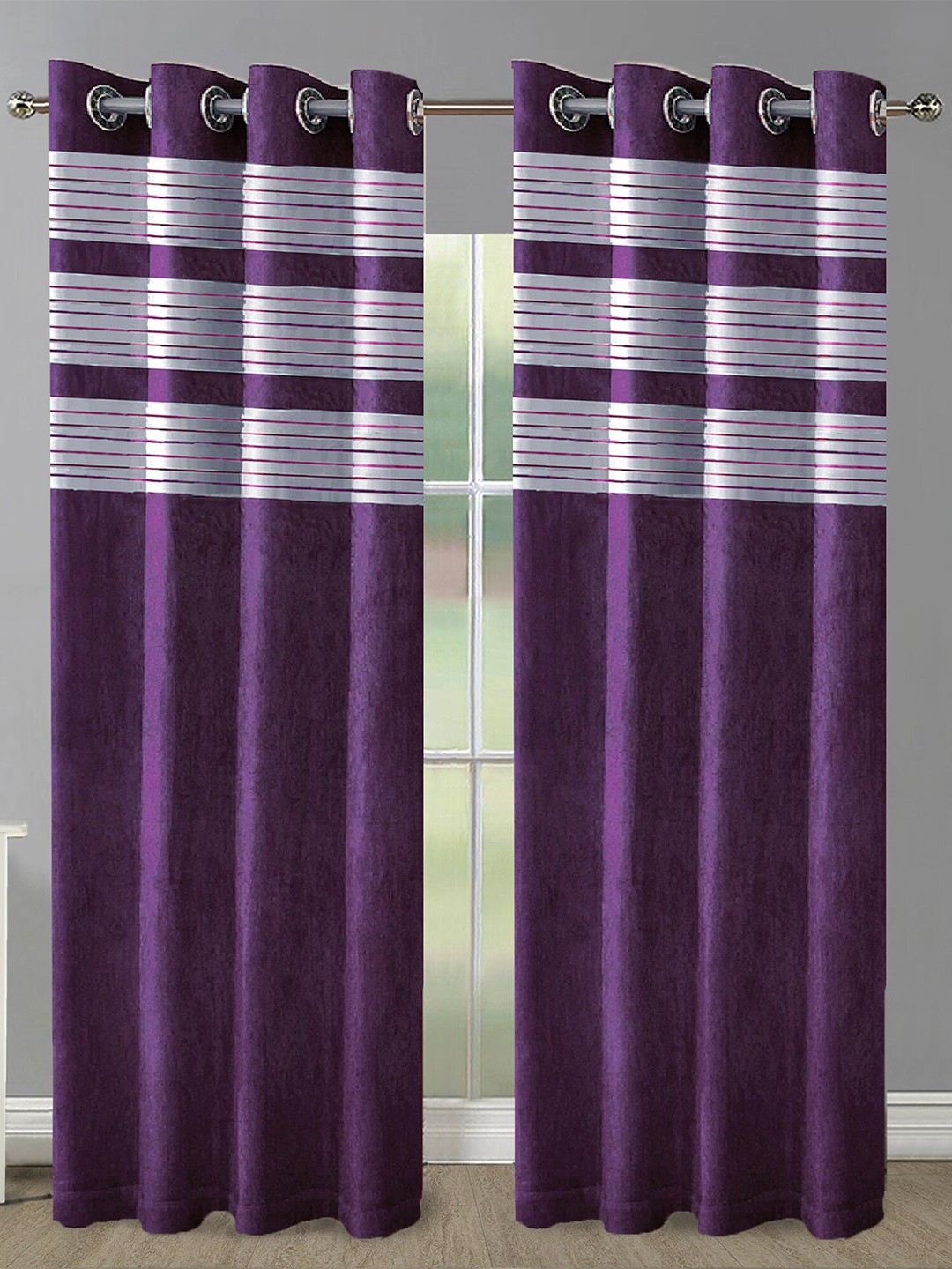 

Aura Purple & White 2 Pieces Striped Room Darkening Eyelet Door Curtains
