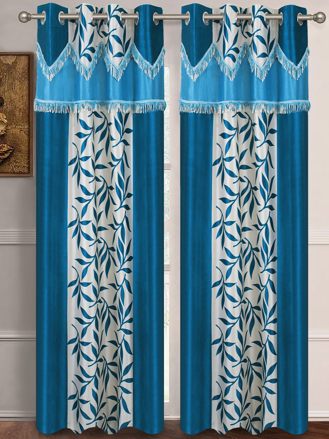 Aura Blue & White 2 Pieces Floral Room Darkening Door Curtains