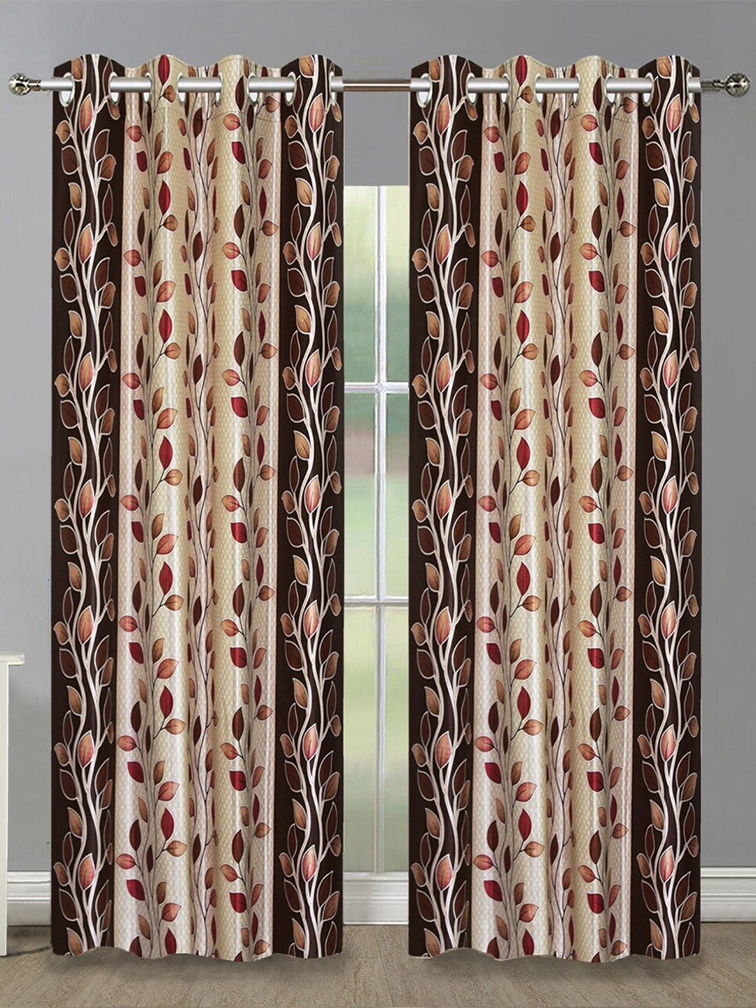 

Aura Brown & Beige 2 Pieces Floral Printed Room Darkening Eyelet Door Curtains