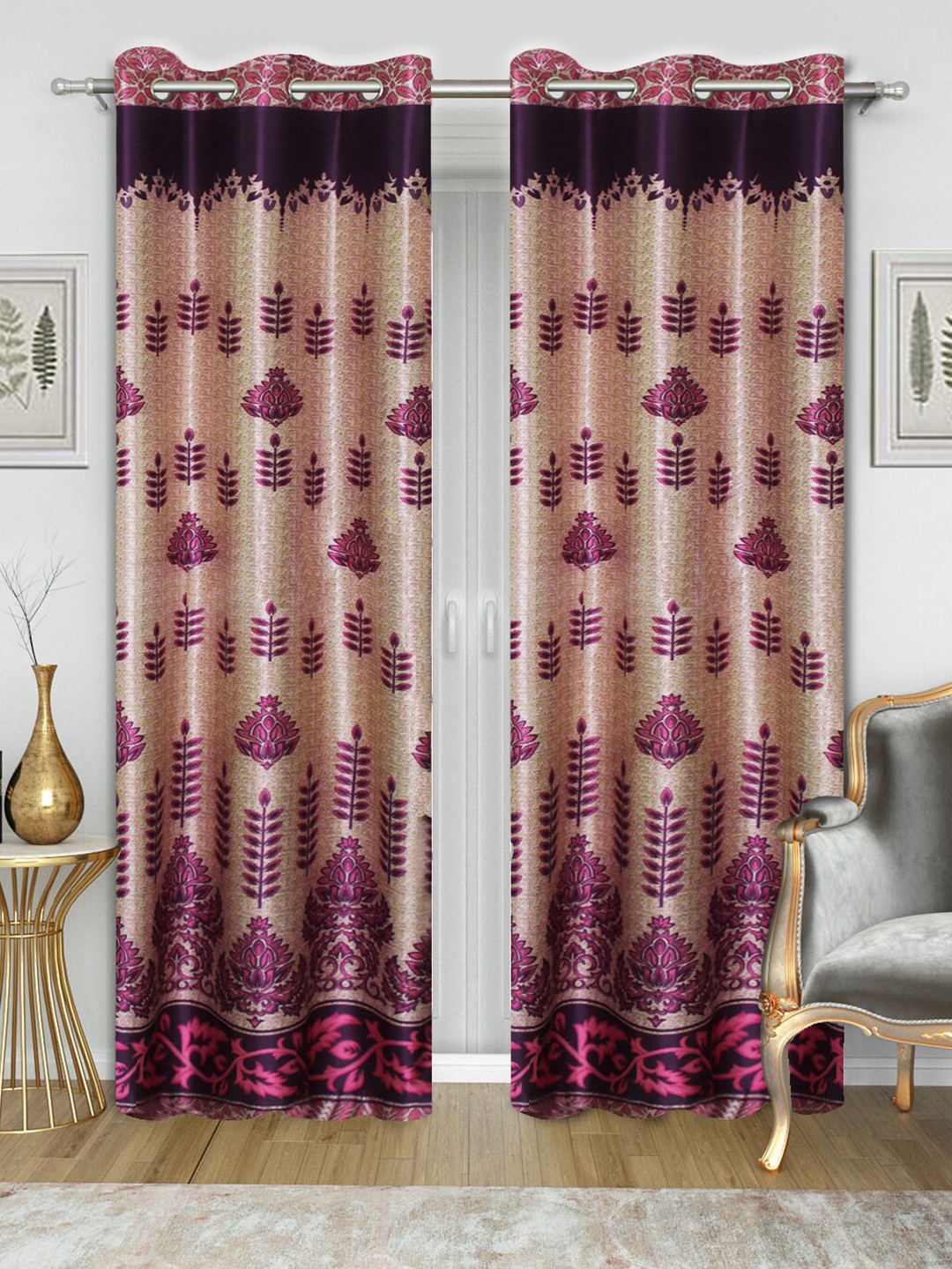 

Aura Beige & Purple 2 Pieces Floral Printed Room Darkening Eyelet Door Curtains