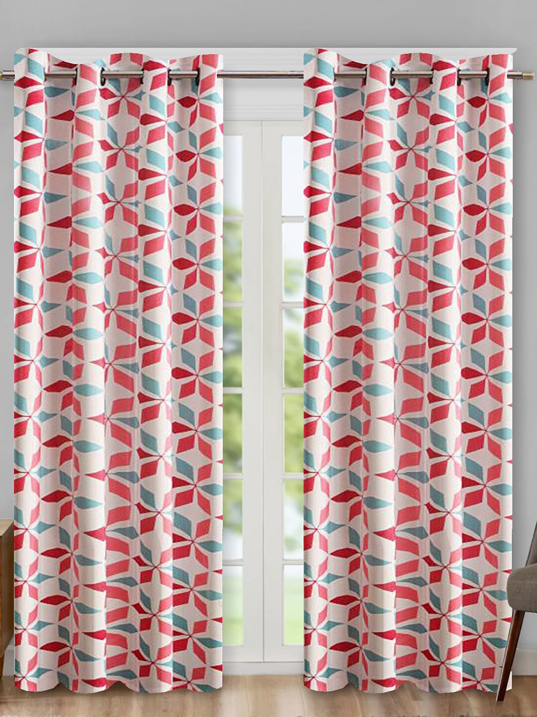 

Aura Pink & White 2 Pieces Floral Printed Room Darkening Eyelet Door Curtains