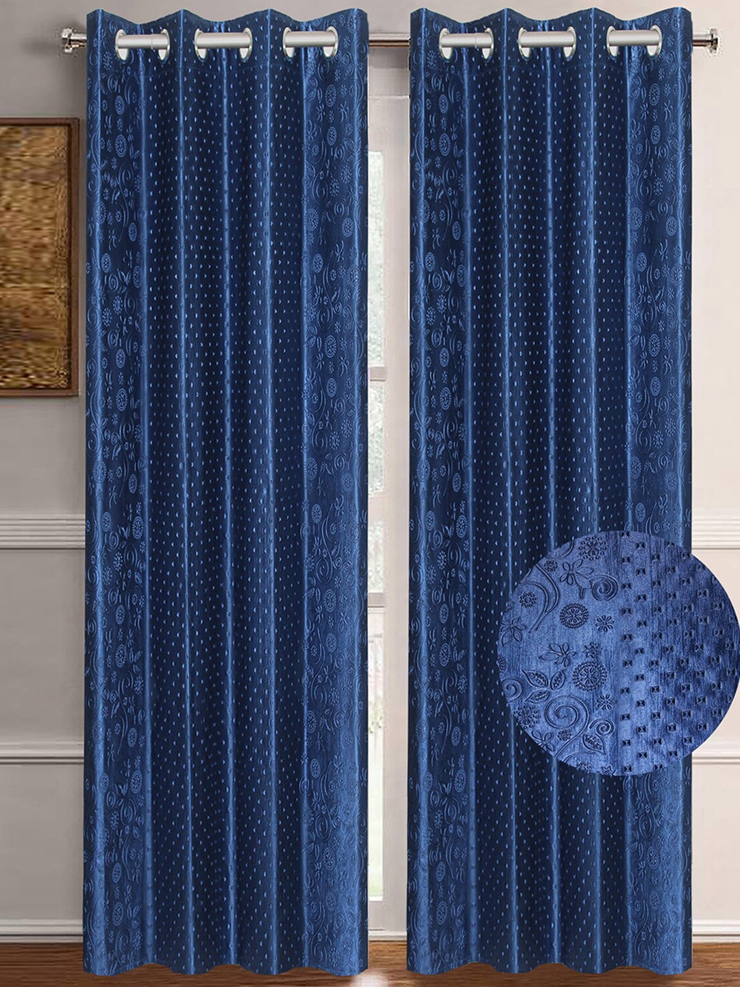 

Aura Blue 2 Pieces Floral Room Darkening Window Curtains
